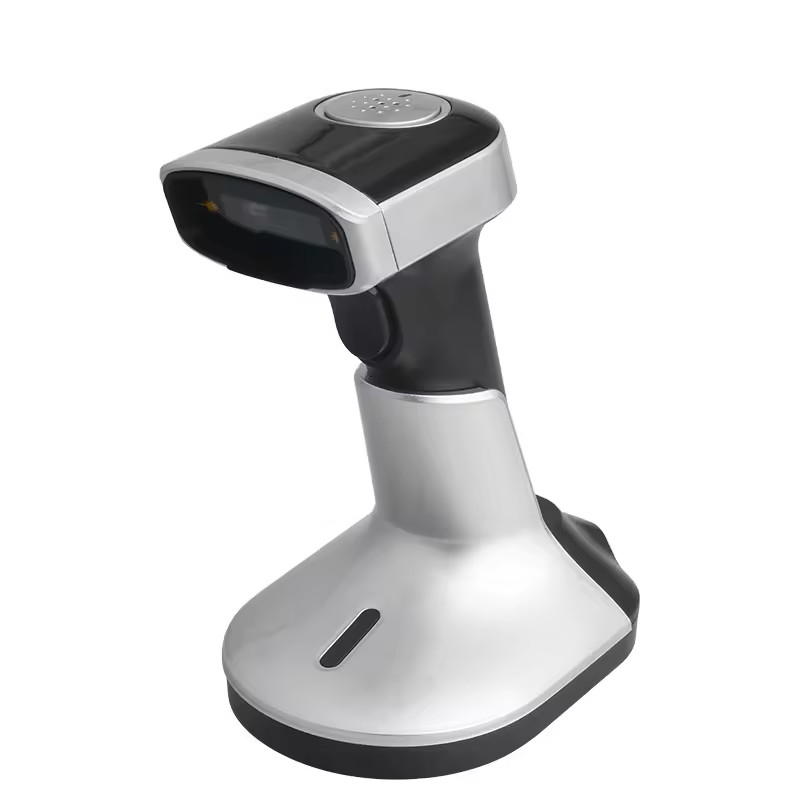 ماسح الباركود المحمول 1D Qr Code مع موقف الشحن USB Wireless Bluetooth Barcode Reader